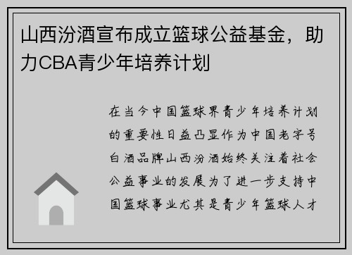 山西汾酒宣布成立篮球公益基金，助力CBA青少年培养计划